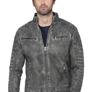 Mens grey distressed waxed leather biker jacket front view