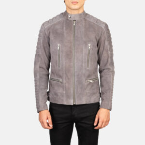 Mens grey suede motorcycle jacket front view