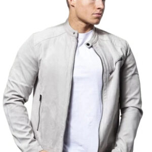 Mens light grey suede leather jacket front view