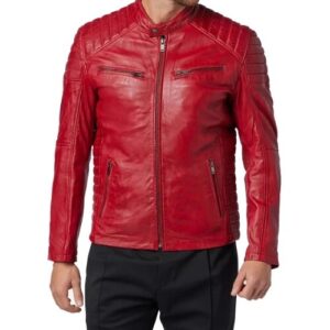 Mens maroon quilted biker leather jacket front view