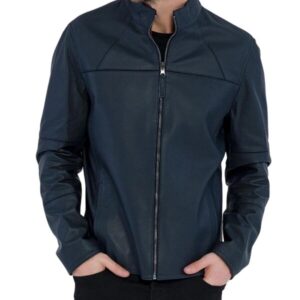 Mens mesh blue motorcycle leather jacket front view