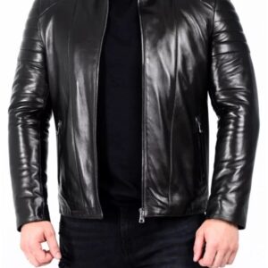 Mens padded leather biker jacket front view