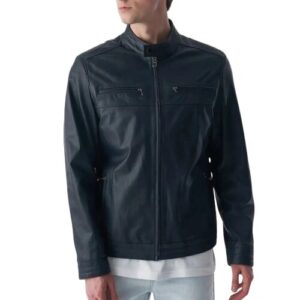 Mens moto racer sheepskin leather sport jacket front view