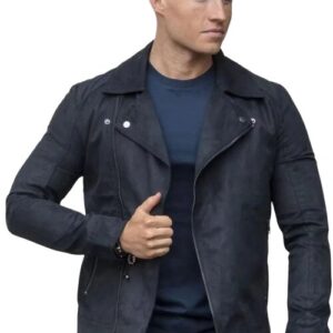 Mens suede leather biker jacket front view