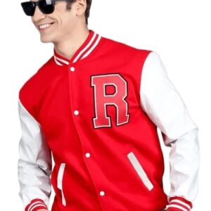 Mens red and white varsity jacket front view