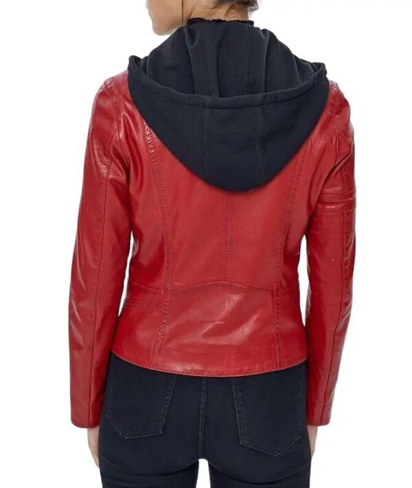 Red leather jacket with hood for women back view