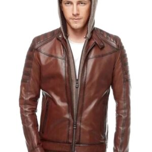 Mens tan leather hooded versatile biker jacket front view