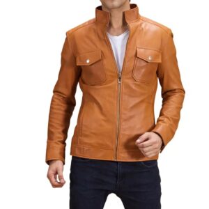 Voltex mens tan leather biker jacket front view