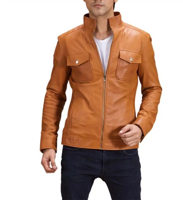 Voltex mens tan leather biker jacket front view