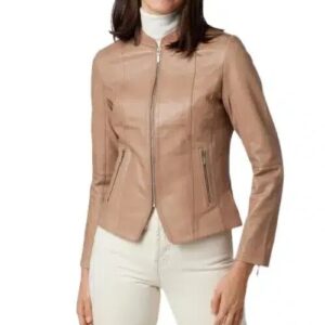 Women beige moto real lambskin leather jacket front view