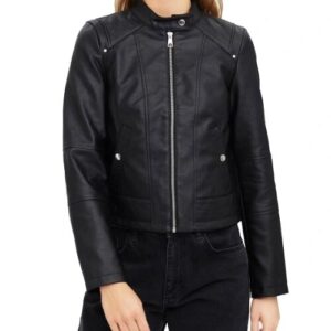 Womens dark black biker leather jacket front view