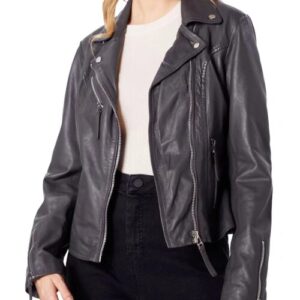 Womens dark gray perfecto biker leather jacket front view