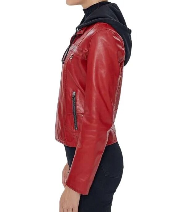 Red leather jacket with hood for women side view