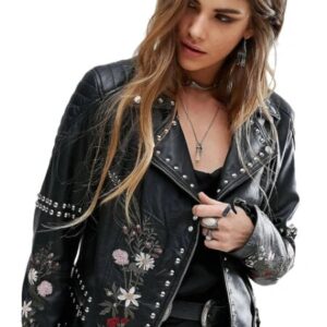 Womens studded black leather biker jacket front view