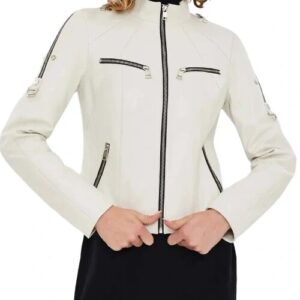 Womens white leather motorcycle jacket front view