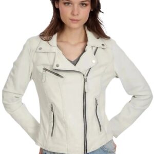 Womens white brando biker leather jacket front view