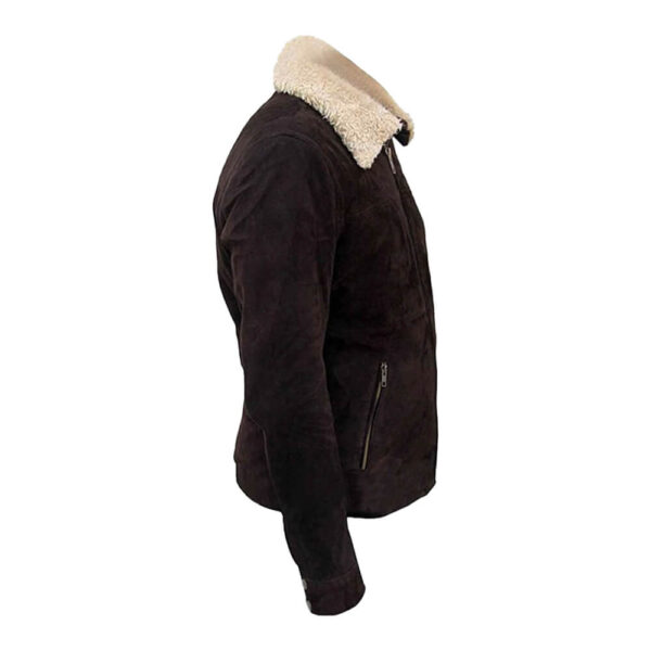 Mens brown soft suede leather jacket side view