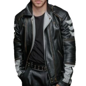 Brian mens metallic black biker jacket front view