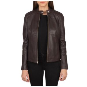 Womens maroon leather biker jacket front view