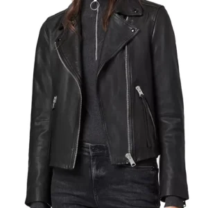 Freida womens black leather biker jacket front view
