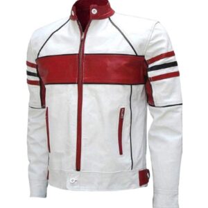 Mens white & red cafe racer jacket front view
