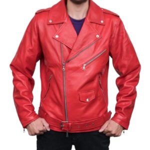 Ronald red leather biker jacket front view