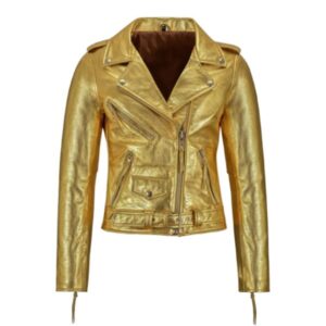 Women gold leather biker jacket front view