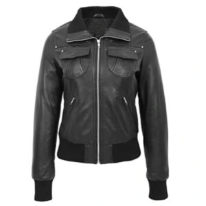 Womens classic black bomber leather jacket front view