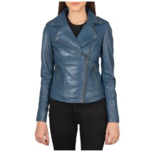 Womens blue leather biker jacket front view