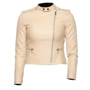 Womens beige moto leather jacket front view