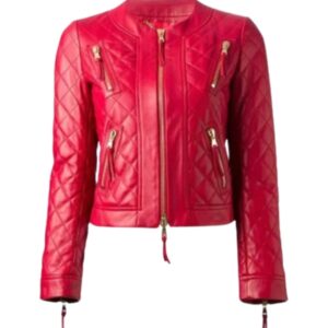 Womens collarless quilted red leather jacket front view