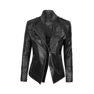 Womens cafe racer black leather jacket front view