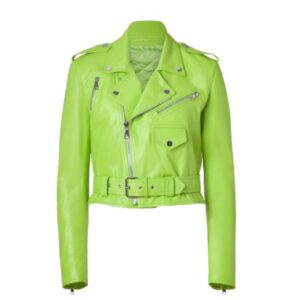 Womens lime green leather jacket front view
