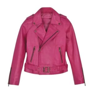 Womens pink leather jacket front view