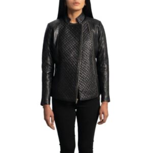 Womens quilted black leather biker jacket front view