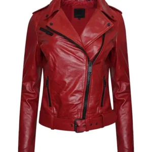 Annika womens red leather biker jacket front view