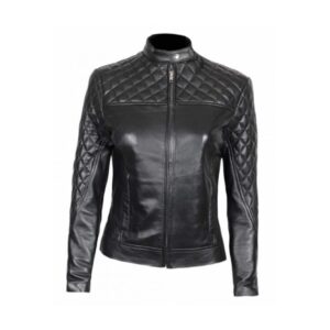 Womens slim fit black quilted leather jacket front view