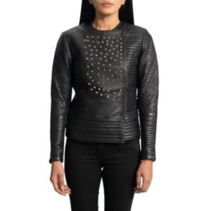 Womens studded black leather jacket front view
