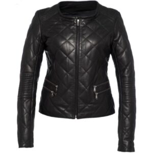 Womens stylish diamond black leather biker jacket front view
