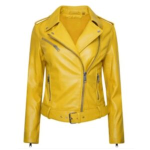Womens yellow leather biker jacket front view